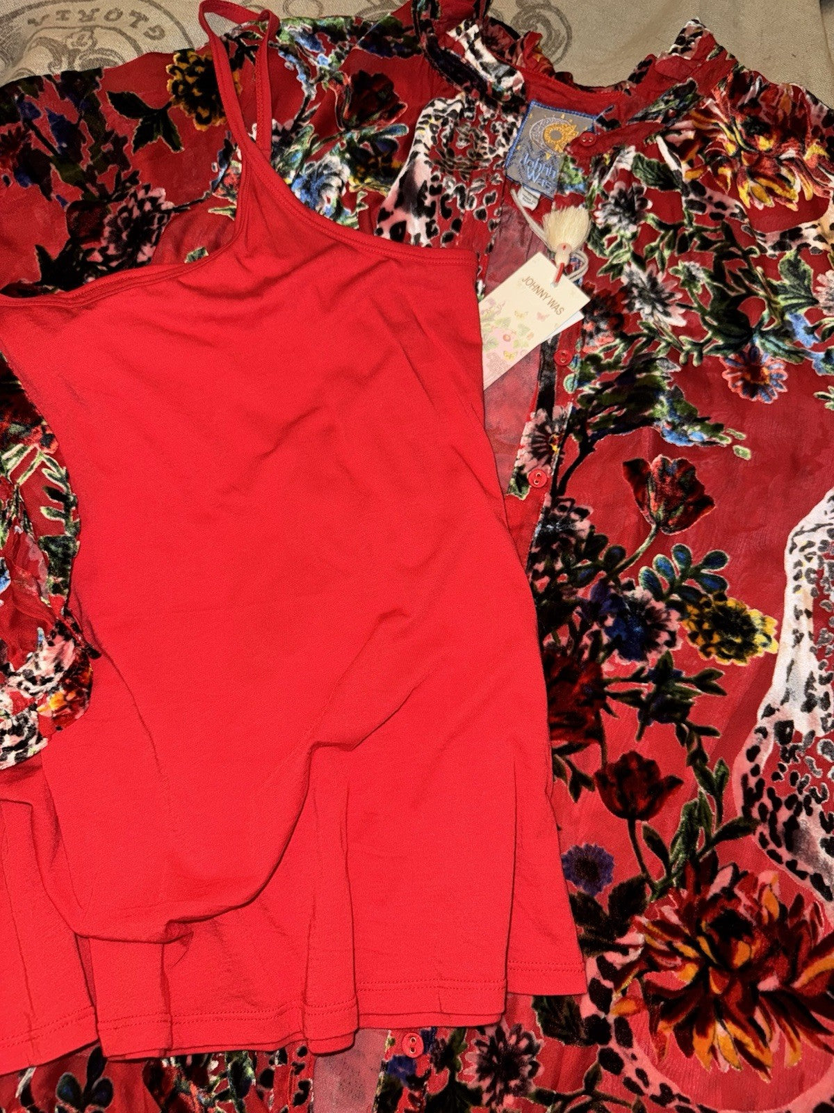 Johnny Was XL Red Burnout Velvet Button Up Blouse Tunic Top Shirt Floral Johnny Was