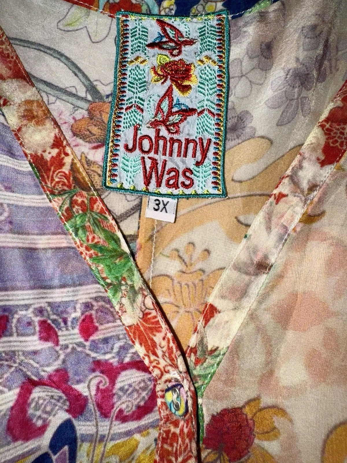 Johnny Was 3X Plus Button Up Shirt Dress Silky Tunic Kimono Patchwork Pattern Johnny Was