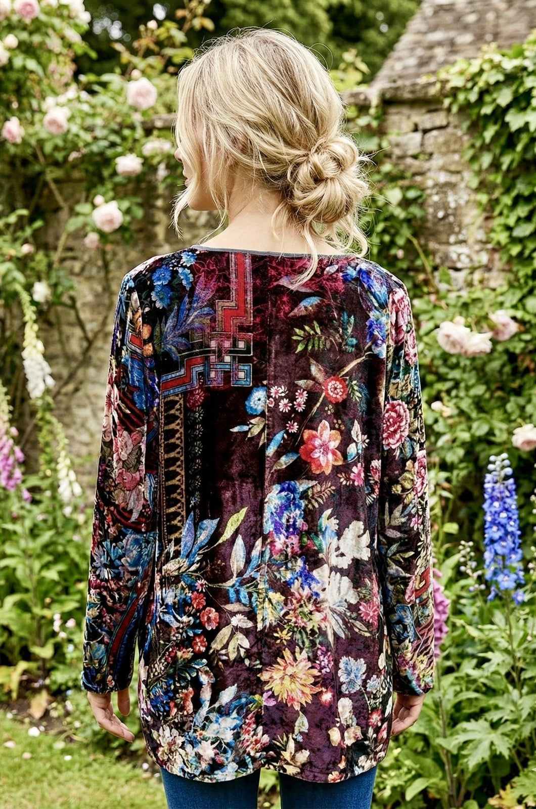 Johnny Was XL Floral Velvet Tunic Top Mini Dress Long Sleeve Lightweight Cool Johnny Was