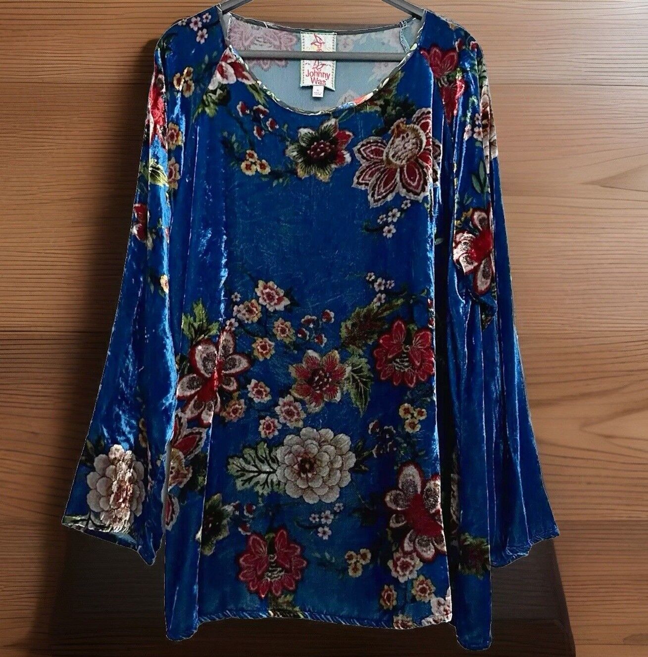 Johnny Was XL Blue Velvet Tunic Top Floral Long Sleeve Blouse Shirt Mini Dress