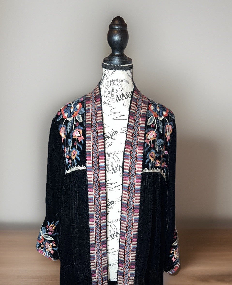 Johnny Was L Large Long Black Velvet Kimono Wrap Jacket Duster Oversized Aztec Johnny Was