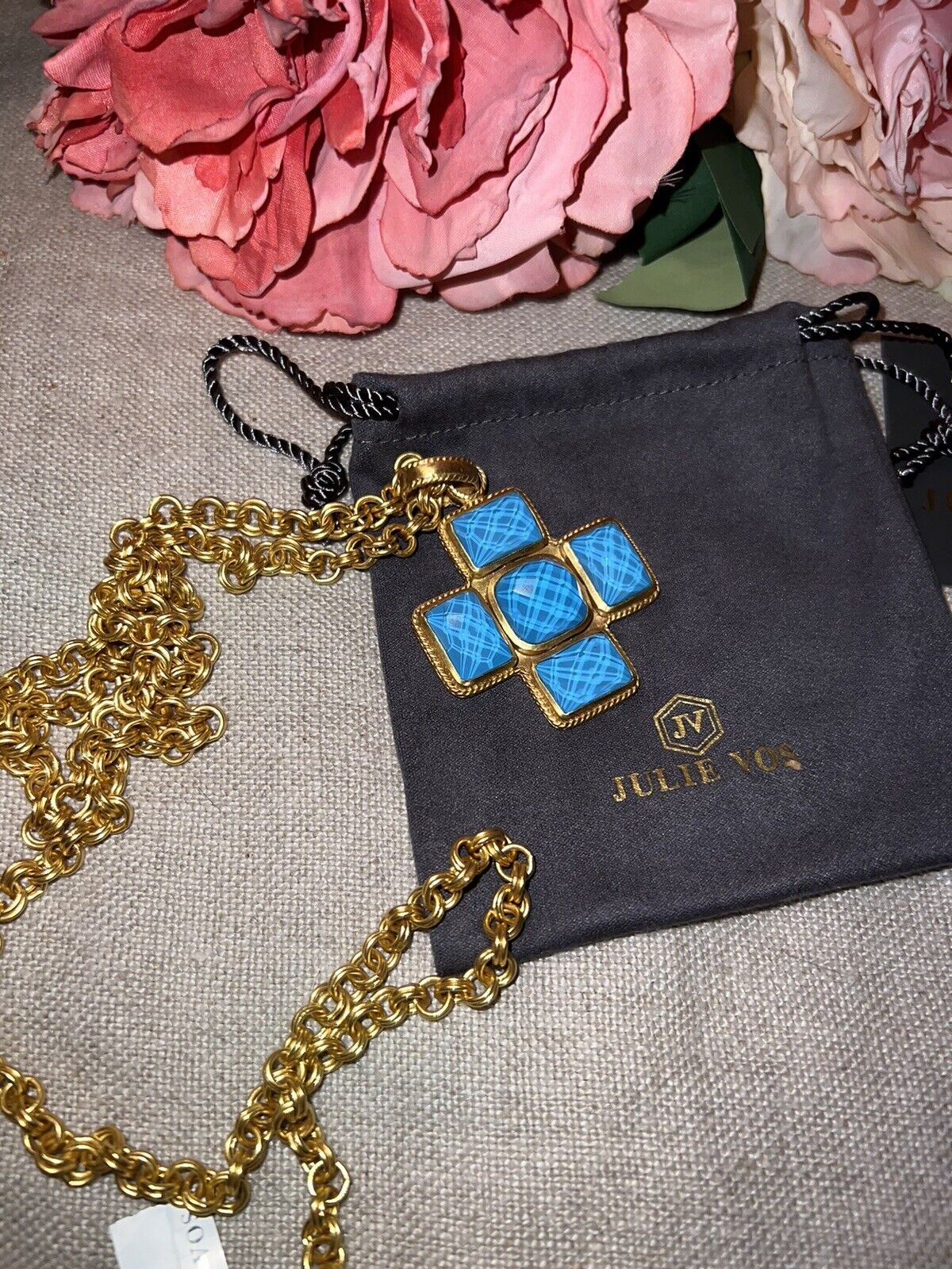 Julie Vos Pacific Blue & 24k Gold Plate Cross Statement Necklace & Pendant