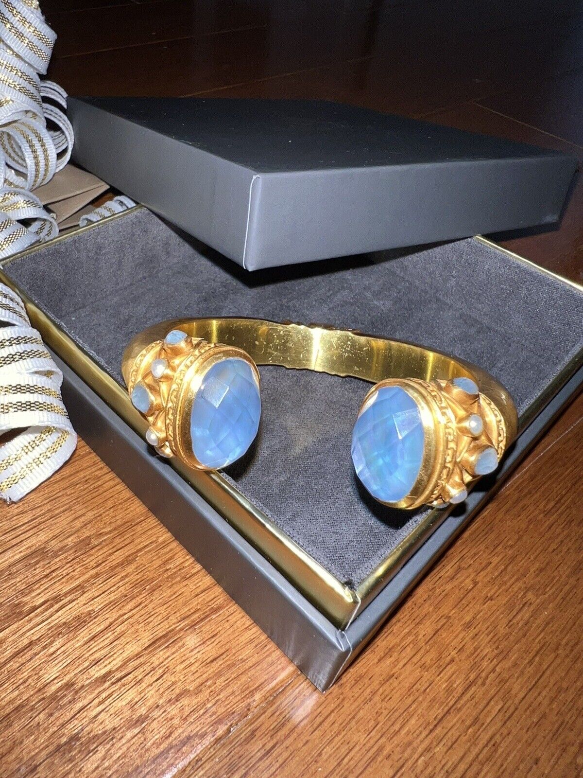 NEW Julie Vos Hinged Bangle Cuff Bracelet 24k Plate With Iridescent Blue/Pearl