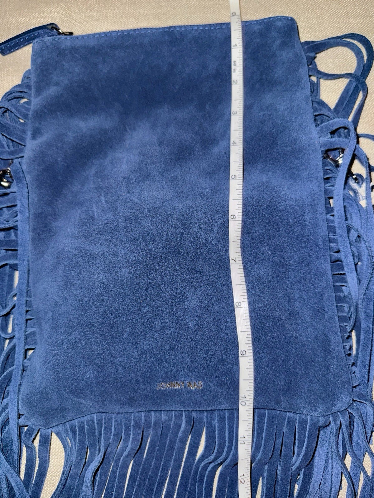 Johnny Was Blue Suede Leather & Fringe Crossbody Bag Purse Shoulder Tote Johnny Was
