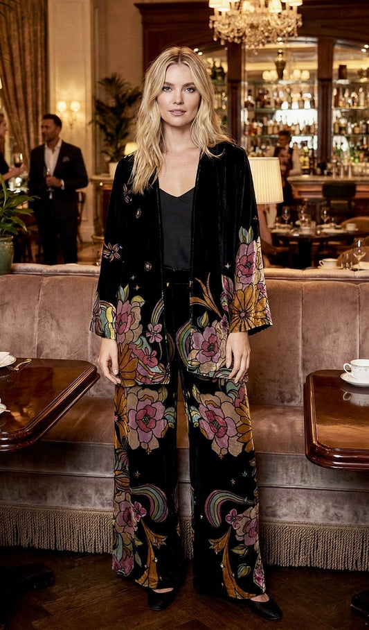 Johnny Was 2Pc Set L Large Black Velvet Kimono & Wide Leg Pant Suit Stars Johnny Was