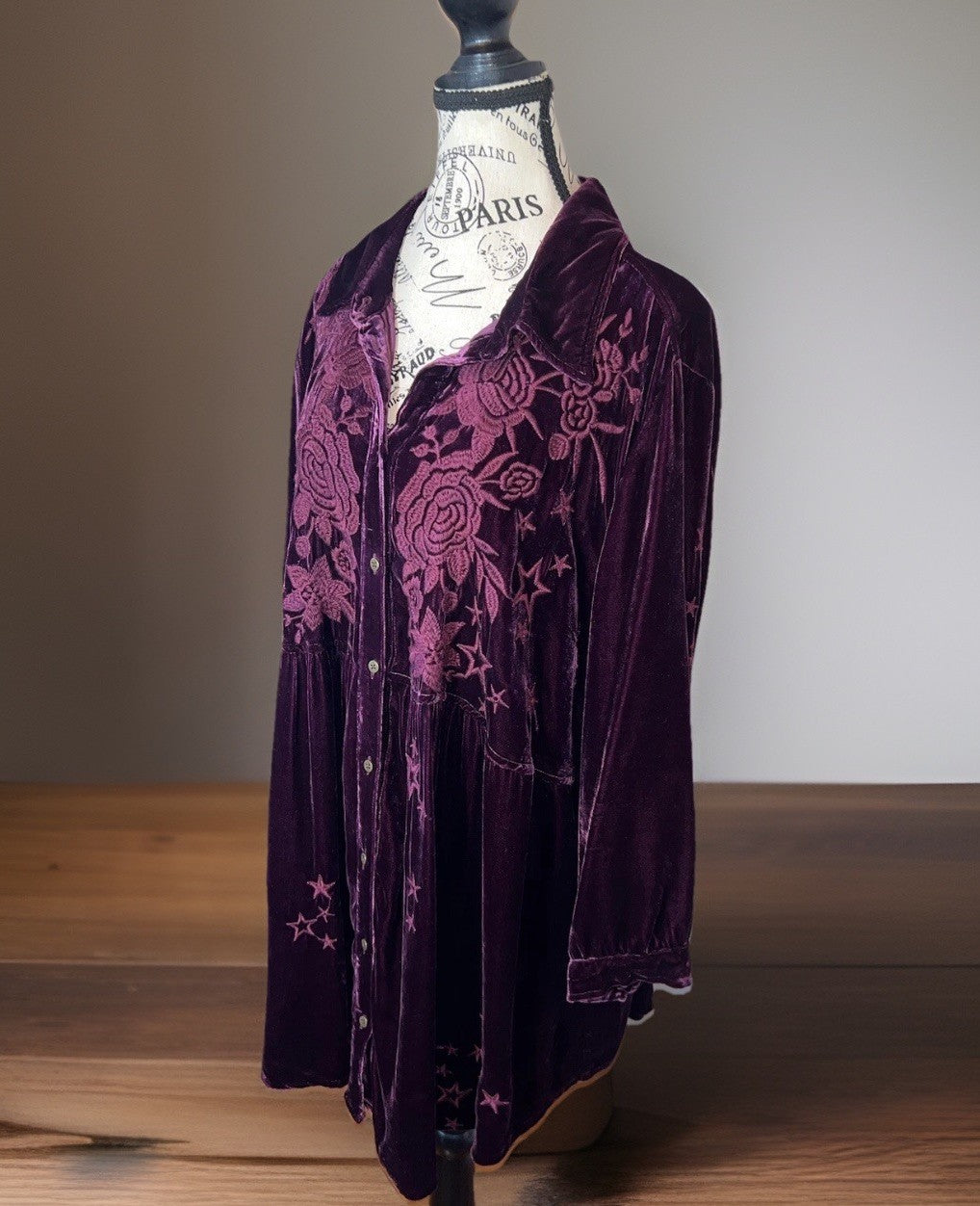 Johnny Was 1X Burgundy Wine Velvet Embroidery Shirt Peplum Top Button Babydoll Johnny Was