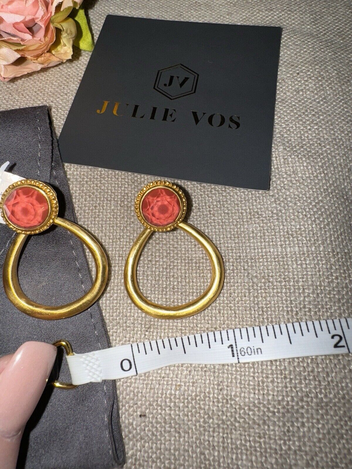 Julie Vos Iridescent Coral Hanging Hoops 24k Gold Plated Earrings