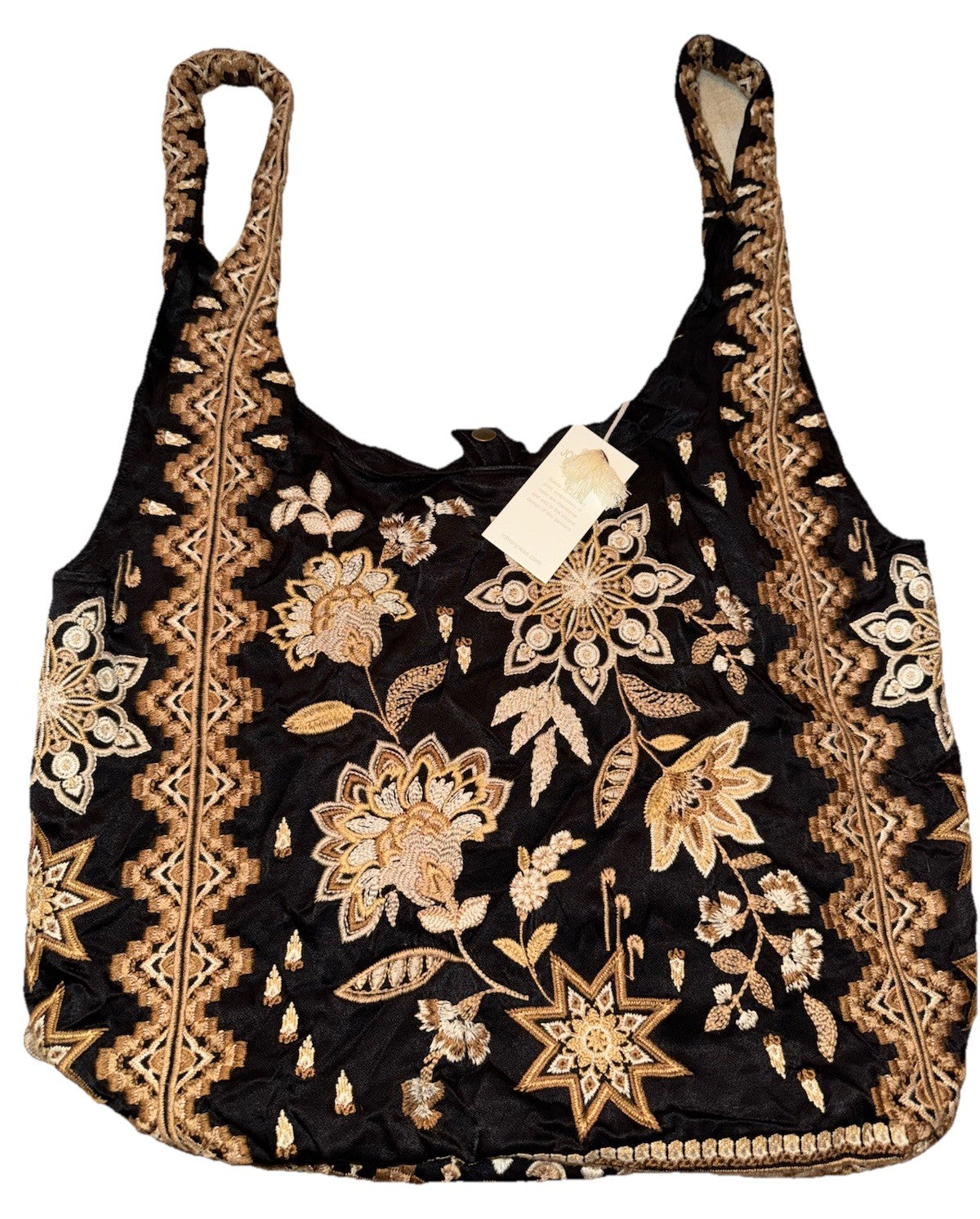 Johnny Was Large Black & Gold Satin Hobo Bag Slouch Tote Purse Embroidered Johnny Was