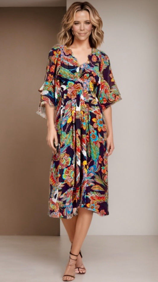 Johnny Was L Large Midi Dress Long Flowy Colorful Kimono Sleeves BOHO Johnny Was