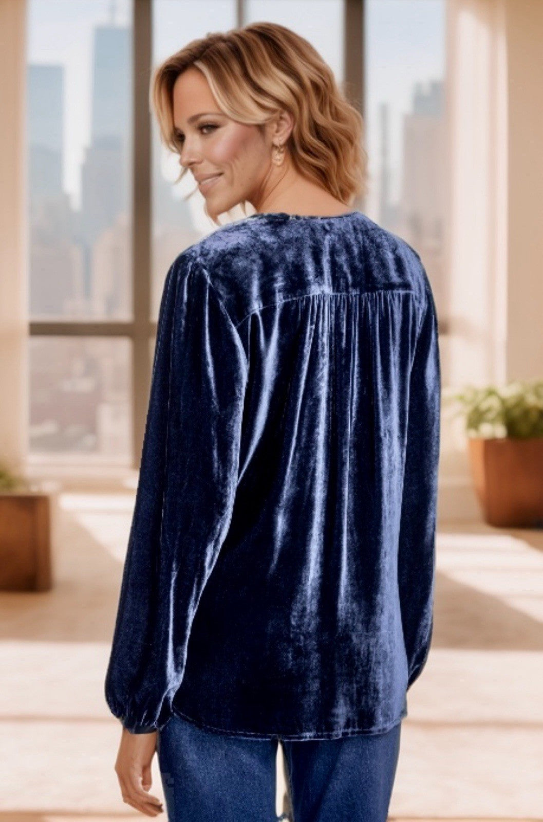 Johnny Was XL Blue Velvet Peasant Blouse Tunic Top Embroidered $328 Retail Johnny Was