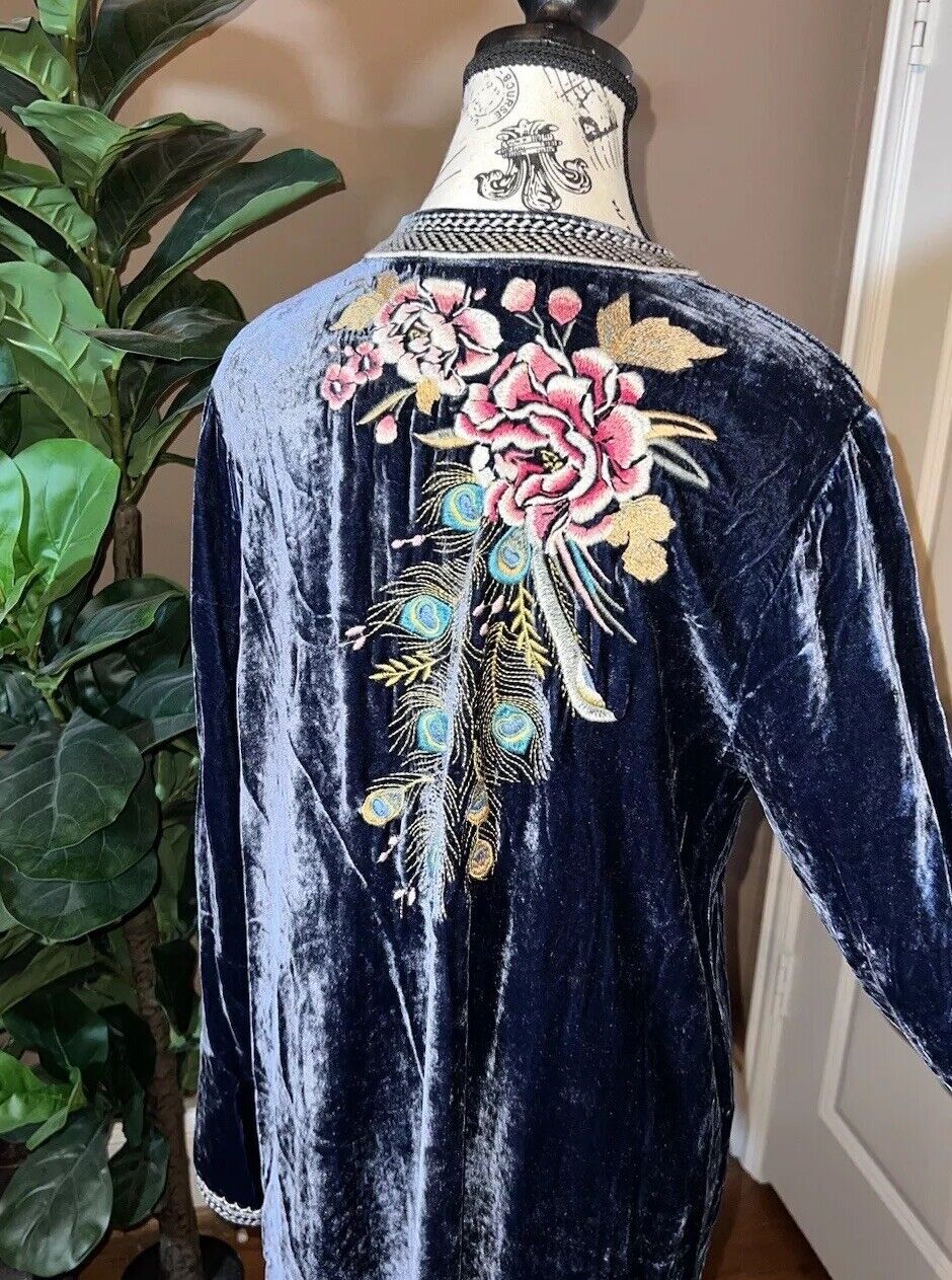 Johnny Was 3X Blue Velvet Mini Shift Dress Peacock Feather Embroidery Kimono SEE