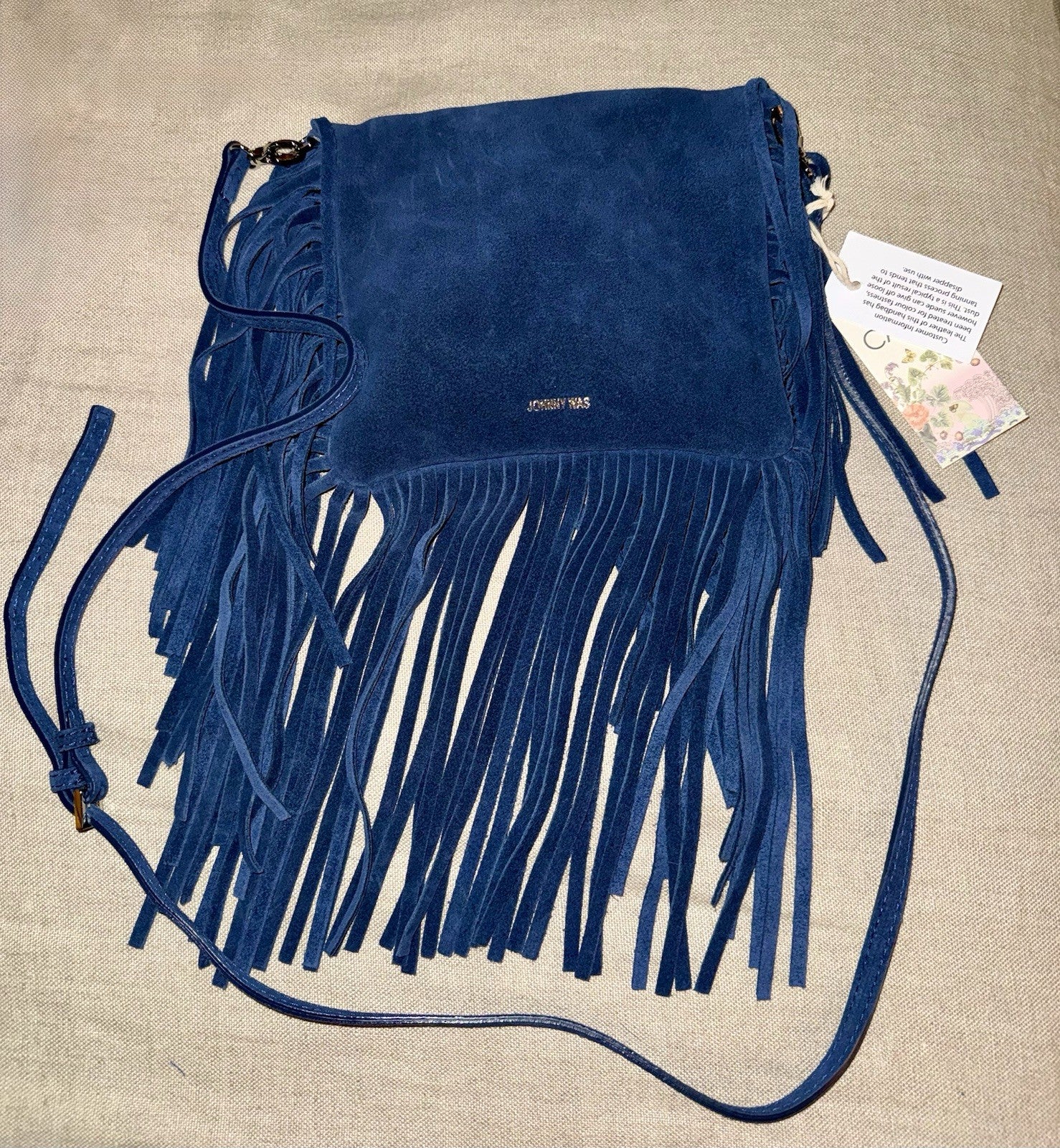 Johnny Was Blue Suede Leather & Fringe Crossbody Bag Purse Shoulder Tote Johnny Was