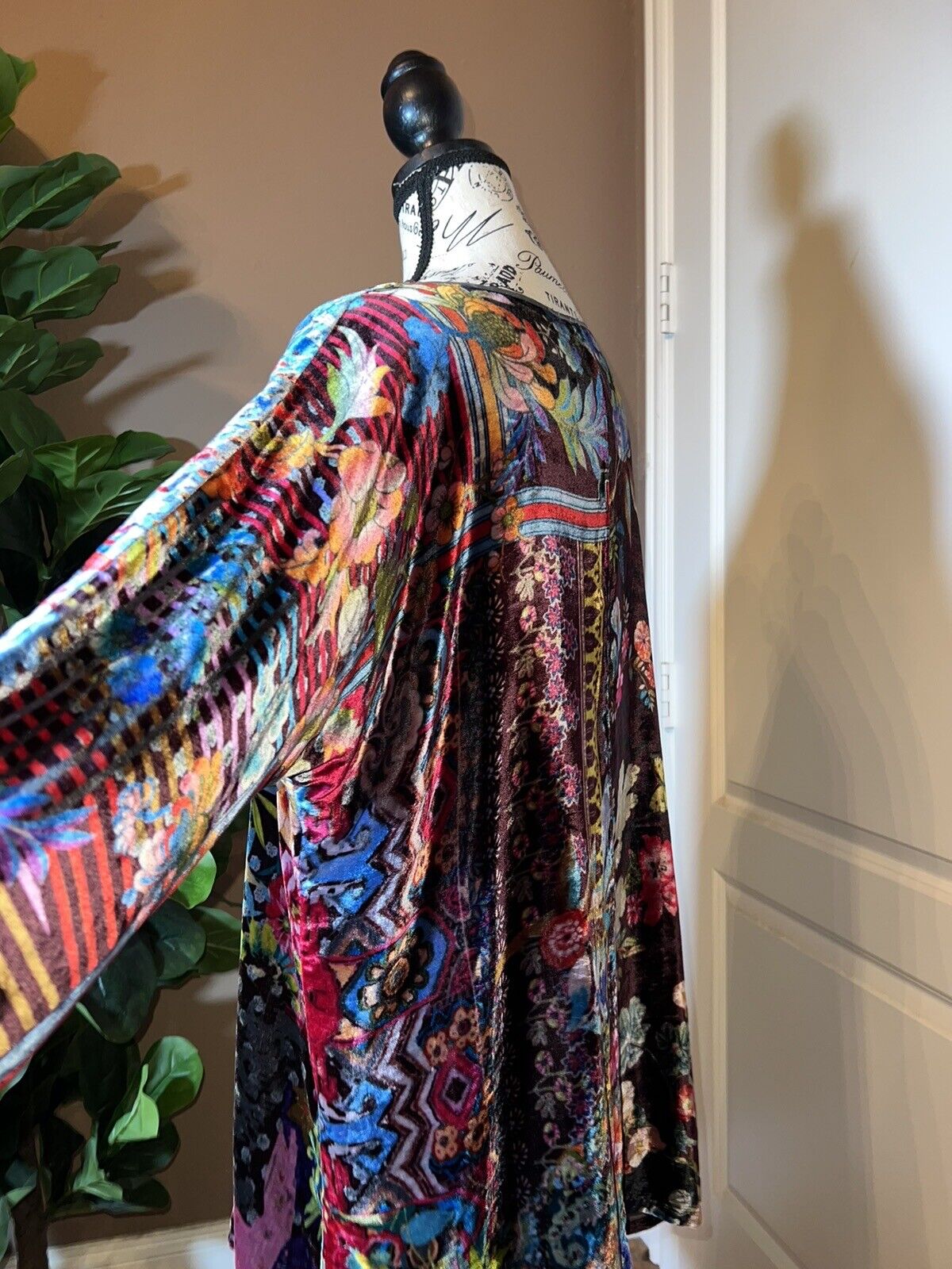 Johnny Was Floral Velvet Tunic Top Mini Dress Long Sleeve Sz XL Jewel Tones