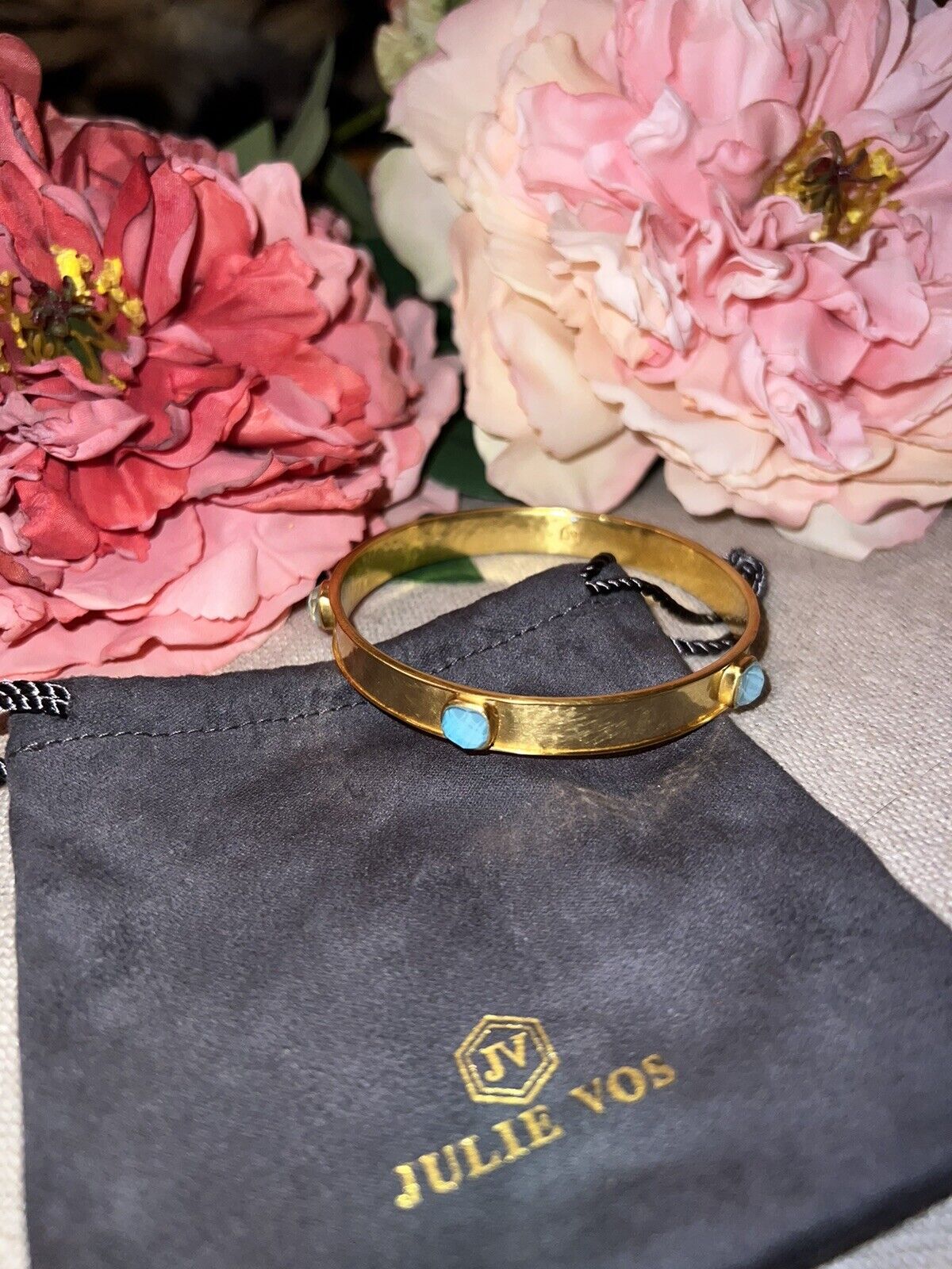 NEW Julie Vos 24k Gold Plated Bangle Bracelet With Blue Stones Sz Medium NWOT