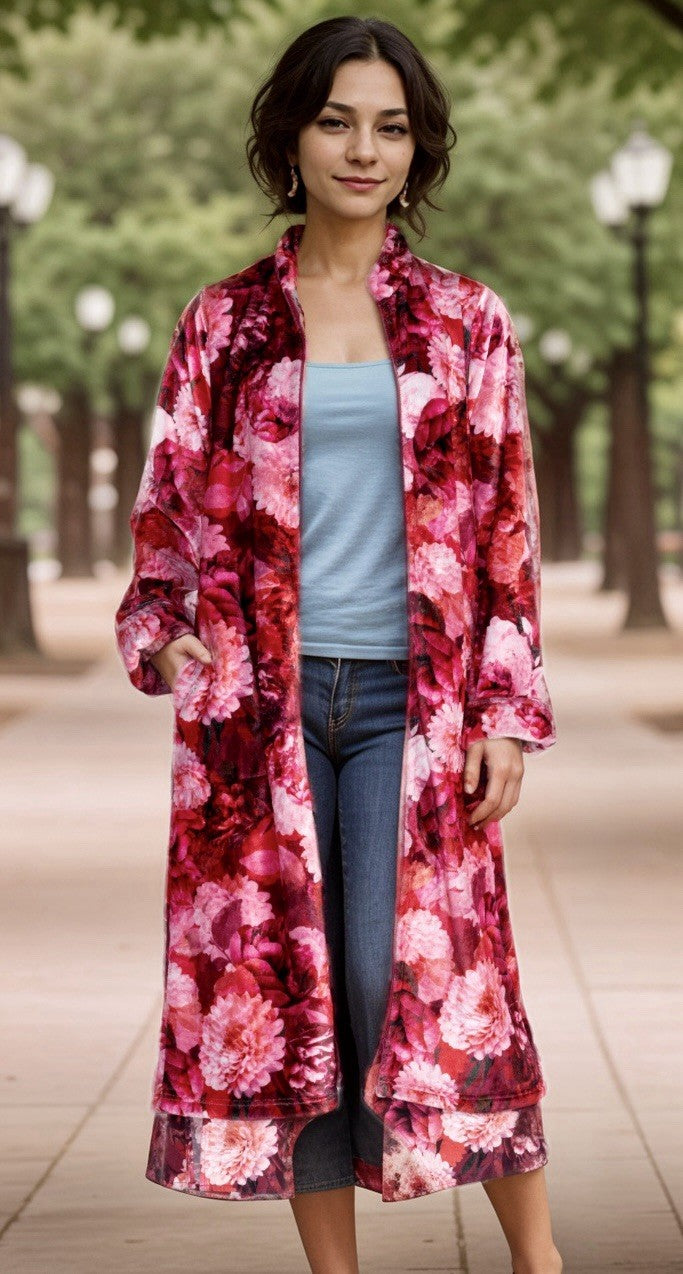 Johnny Was L Large Red Roses Zip Up Robe Bathrobe Housecoat Soft & Warm Johnny Was