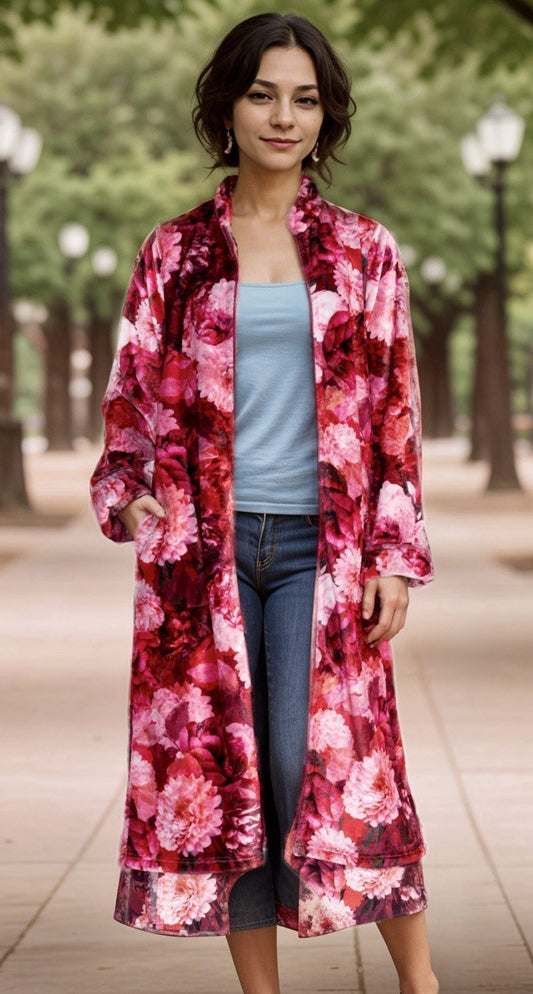 Johnny Was L Large Red Roses Zip Up Robe Bathrobe Housecoat Soft & Warm Johnny Was