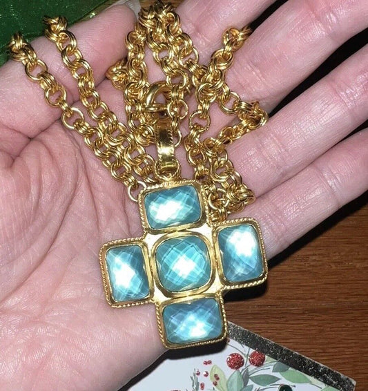 Julie Vos Heavy Link Necklace & Blue Iridescent Crystal Cross Pendant