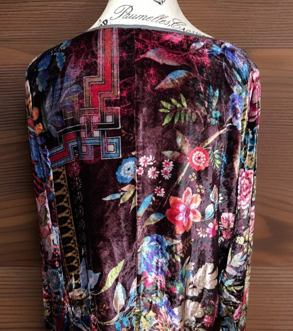 Johnny Was XL Floral Velvet Tunic Top Mini Dress Long Sleeve Lightweight Cool Johnny Was