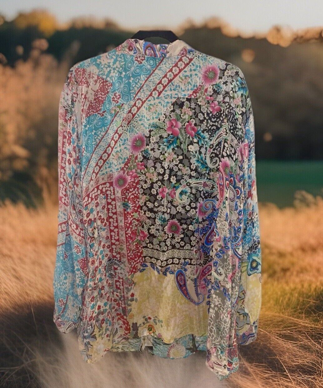 Johnny Was 3X Silky Blouse Top Long Sleeve Shirt Button Up Gorgeous Floral Tunic