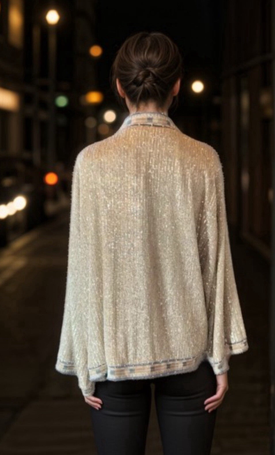 Johnny Was L Large Silk & Sequins Ivory KIMONO Jacket Wrap Pearl Accents Johnny Was