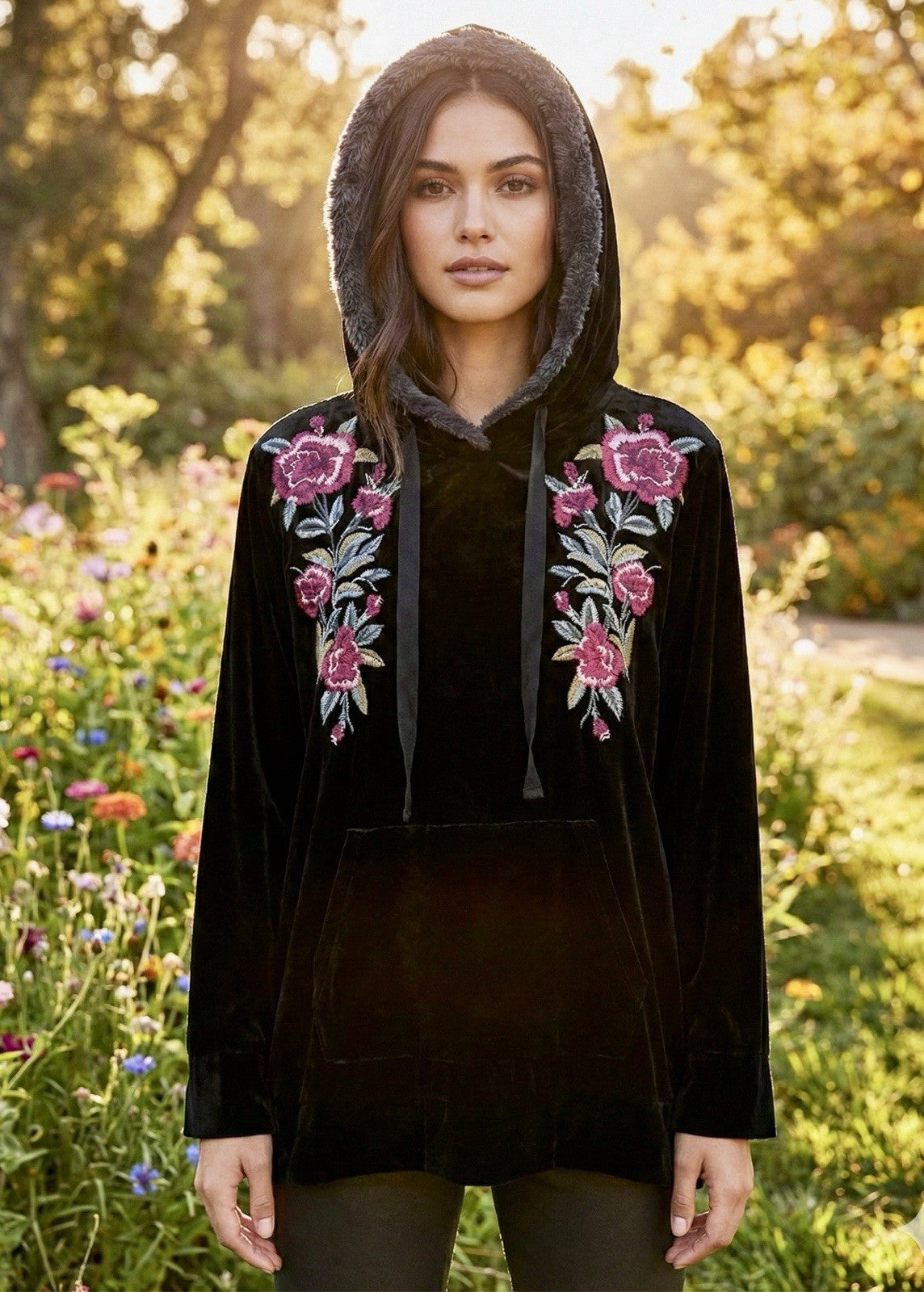 Johnny Was 1X Plus Black Velvet & Fur Hoodie Pullover Top Tunic Embroidered Johnny Was