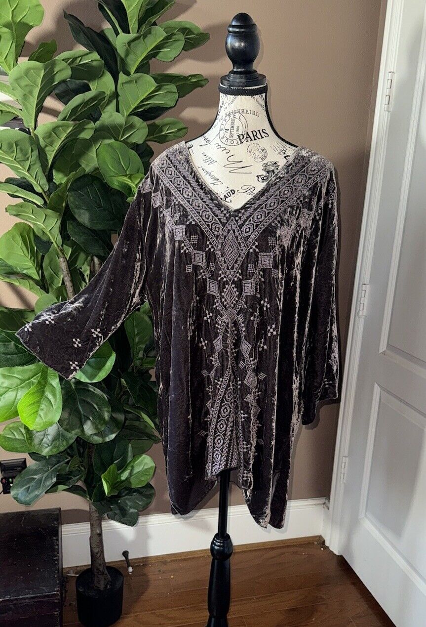 Johnny Was XL 1X Brown Velvet Tonal Embroidery Tunic Top Mini Shift Dress Kimono