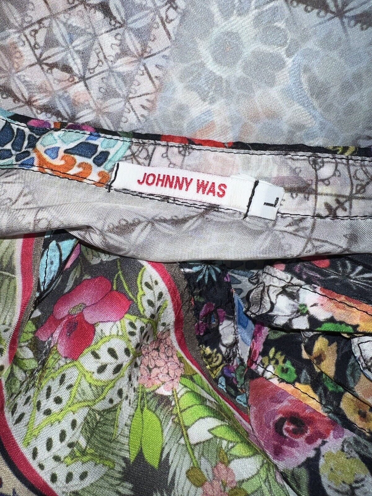 Johnny Was Silky Floral Patchwork Button Up Long Sleeve Tunic Top L  Kimono