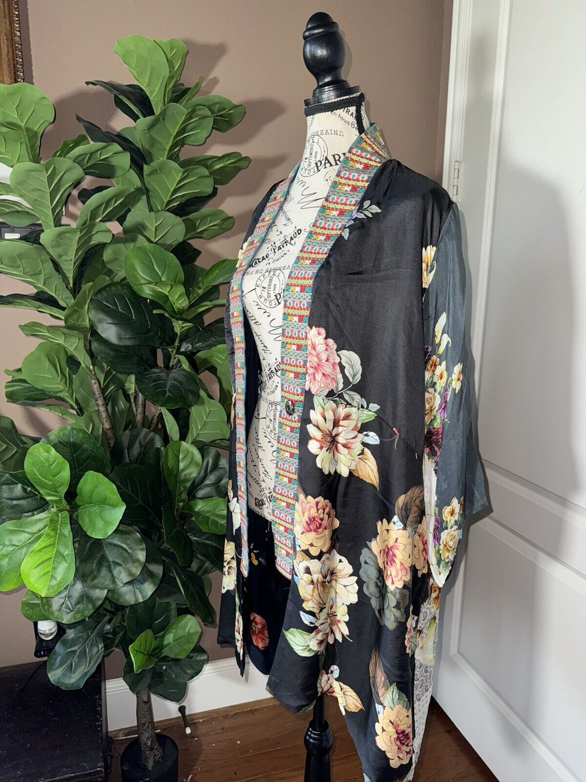 Johnny Was Sz L Silky Kimono Duster REVERSIBLE Embroidered Cardigan Wrap