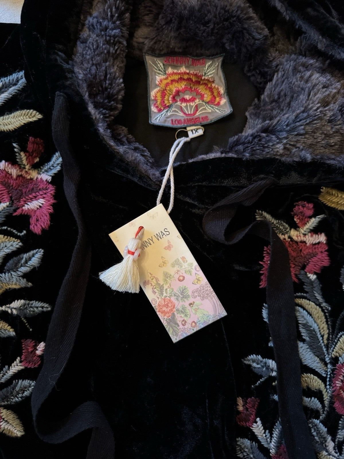 Johnny Was 1X Plus Black Velvet & Fur Hoodie Pullover Top Tunic Embroidered Johnny Was