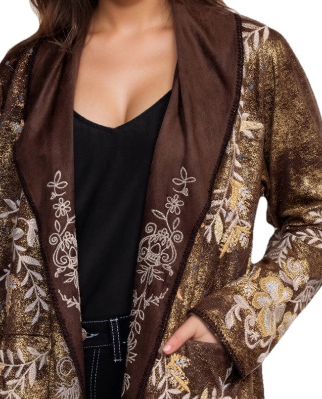 Johnny Was 2X Plus Gold & Brown Metallic Jacket Coat Wrap Sweater BOHO Johnny Was