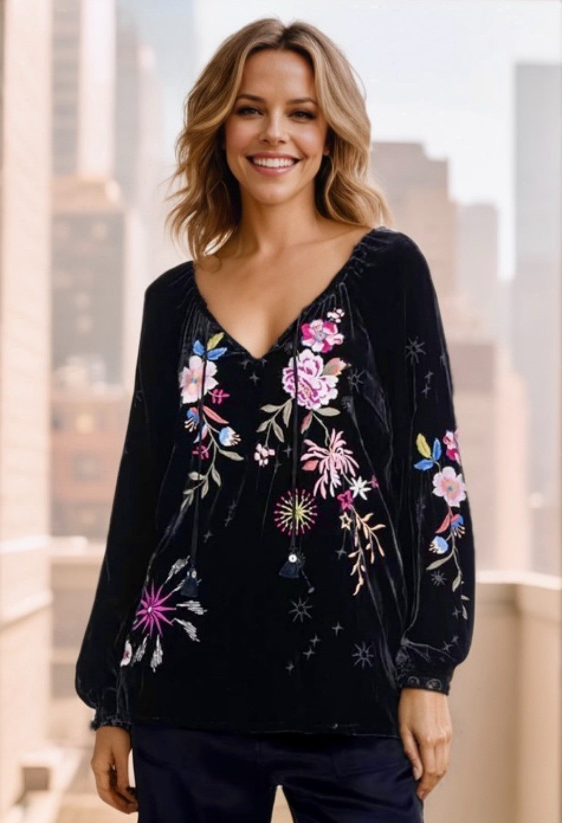 Johnny Was L Black Velvet Peasant Top Tunic Blouse Shirt Embroidered Roses Stars Johnny Was