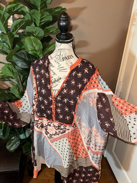 Johnny Was 3X 3XL Silky Peasant Blouse Tunic Top Kimono Sleeves Fall Colors