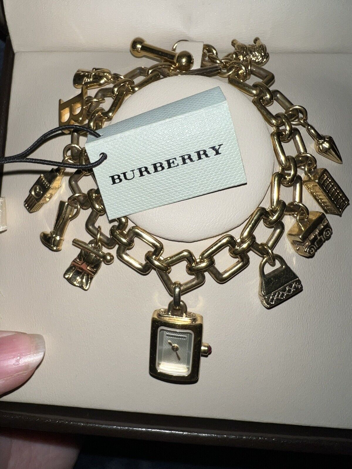 BURBERRY Gold Plated Charm Bracelet Watch RARE Box, Manuals, Tags Needs Battery