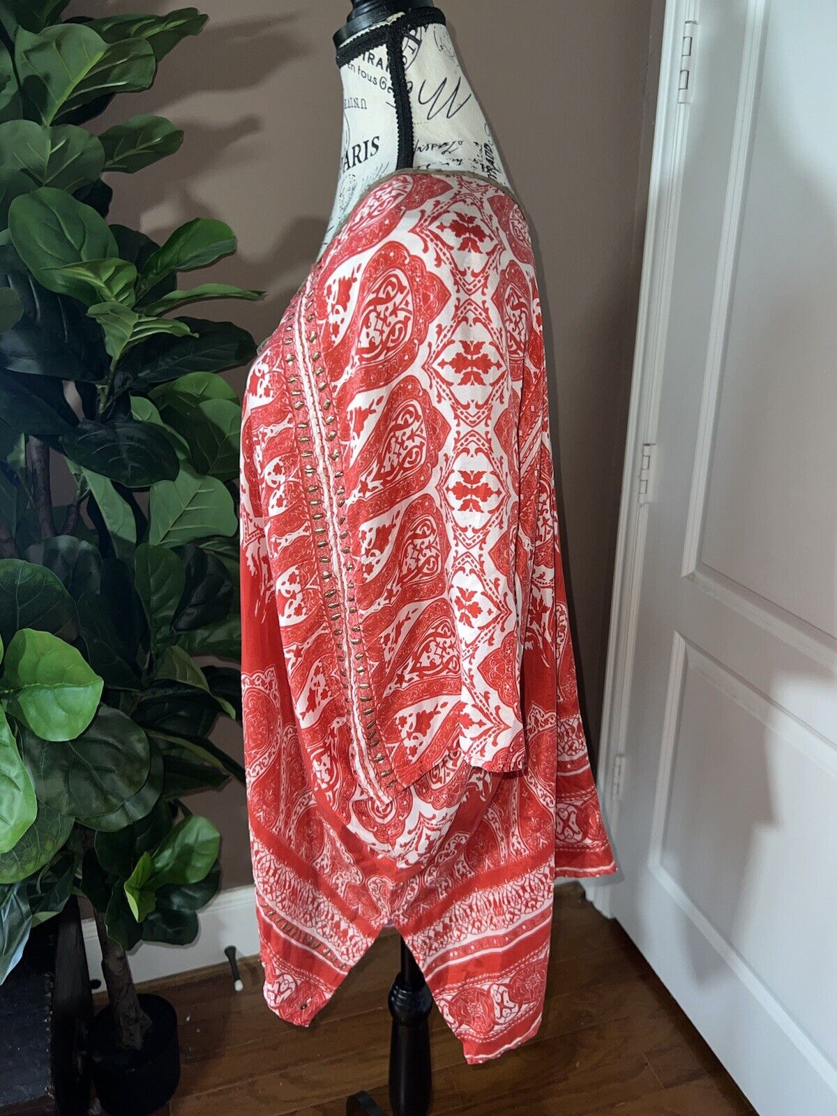 Johnny Was Red O/S 100% Silk Kimono Top Cover Up Leather Tassels & Sequins