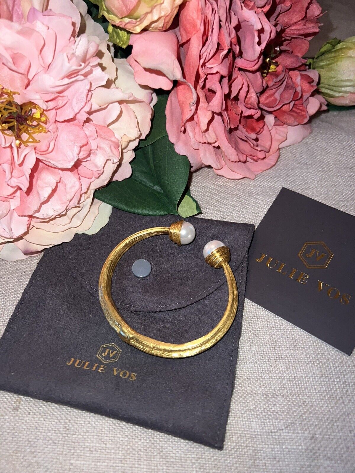 New Julie Vos Double Pearl 24k Gold Plate Hinged Bangle Cuff Bracelet