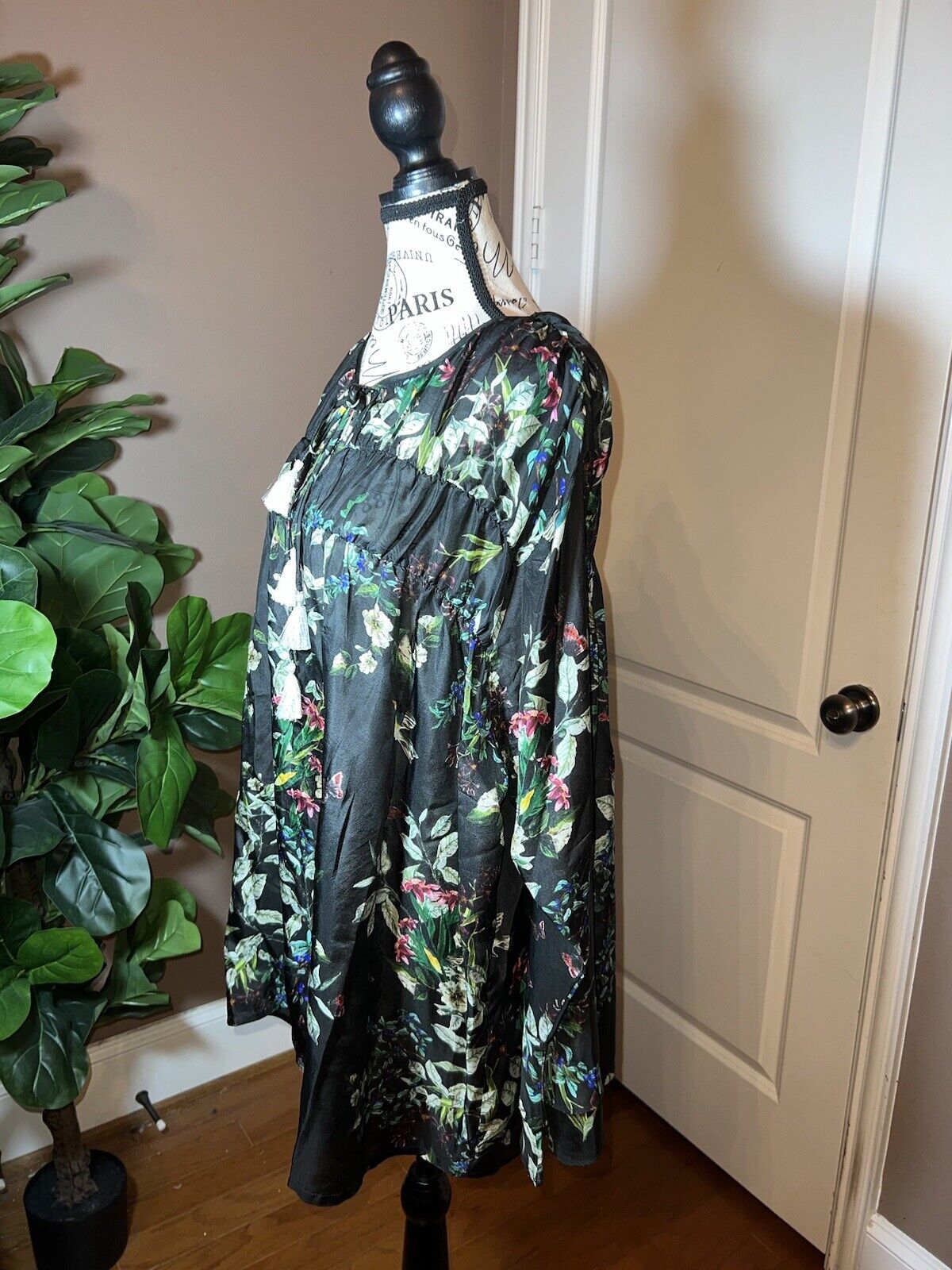 Johnny Was 100% Silk Black Floral Tunic Top Kimono 2X 2XL XXL  Butterfly