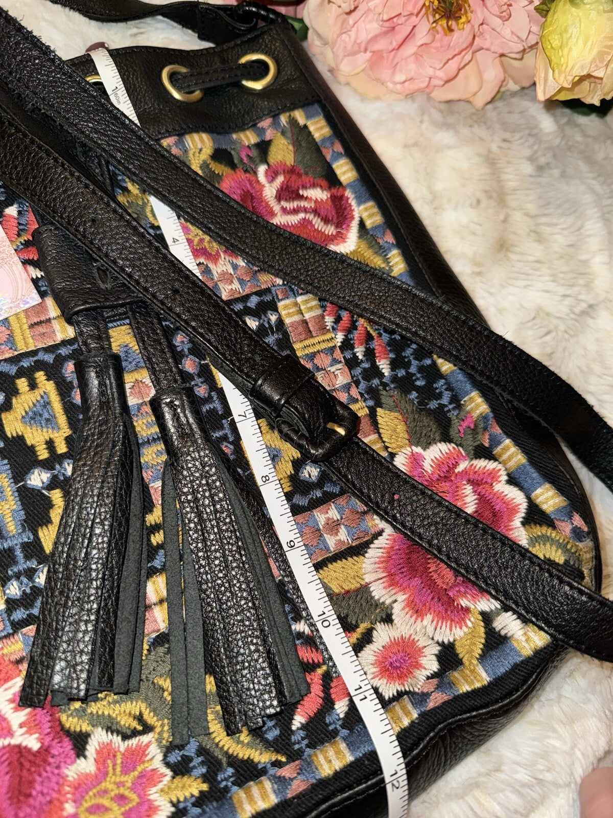 Johnny Was Black Leather Tote Bag Purse Crossbody Hobo Bucket Tassels Johnny Was