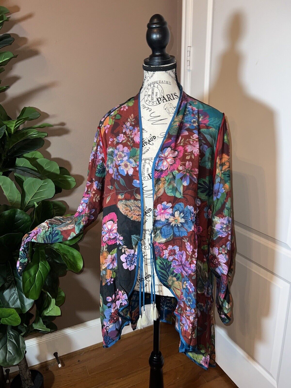 Johnny Was Duster Kimono REVERSIBLE XL 1X   Teal Blue & Wine Red Florals