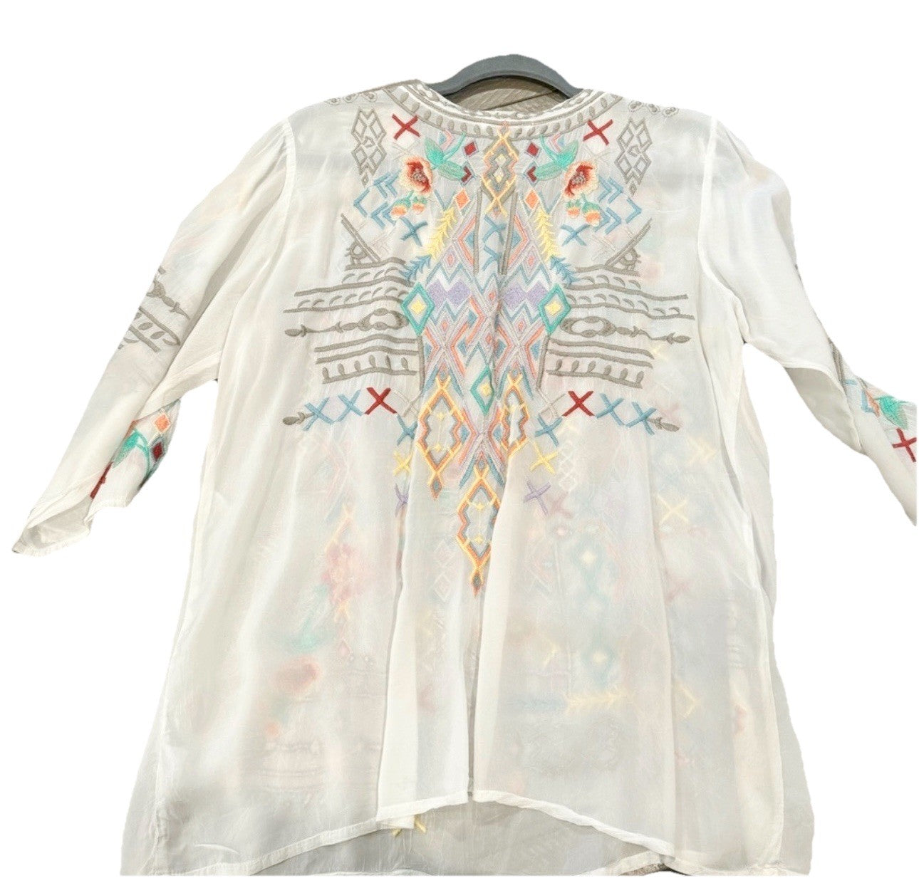 Johnny Was L Silky White Button Up Cool Embroidered Peasant Blouse Top Tunic Johnny Was