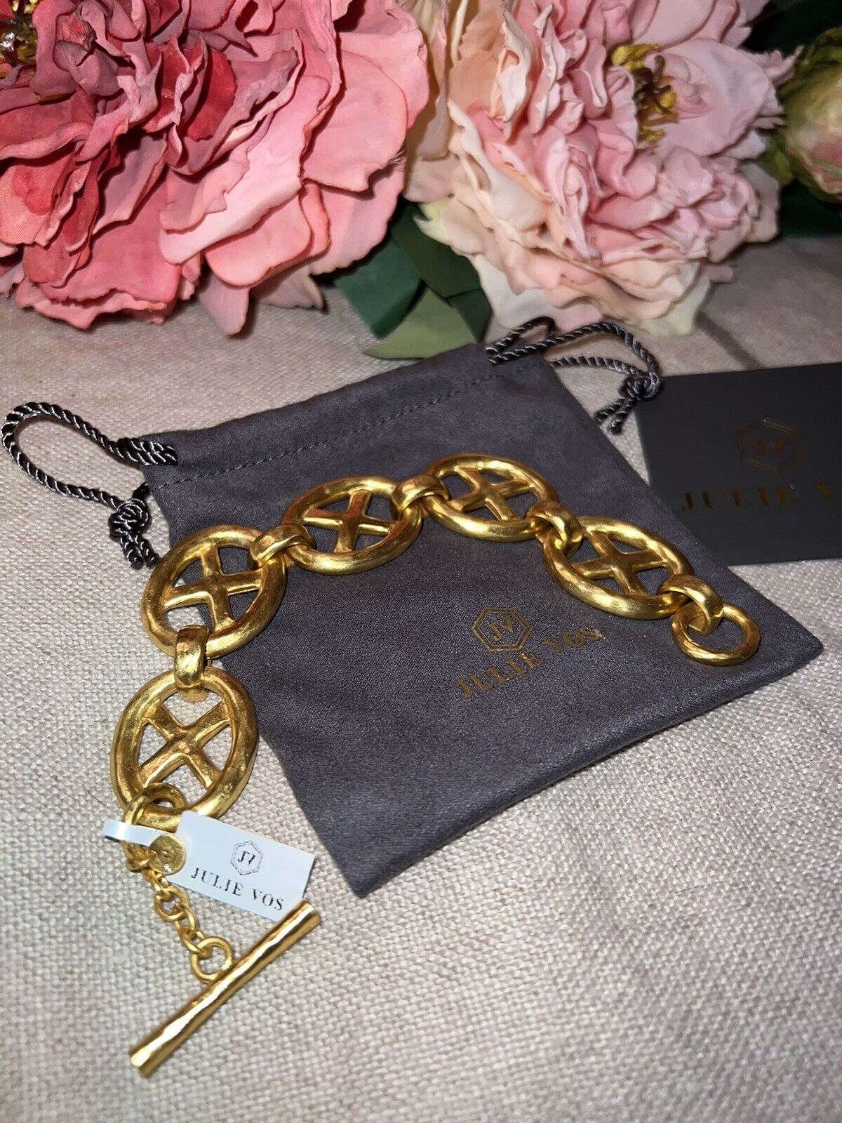 NEW Julie Vos 24k Gold Plated Heavy XO Toggle Link Bracelet ADJUSTABLE NWT