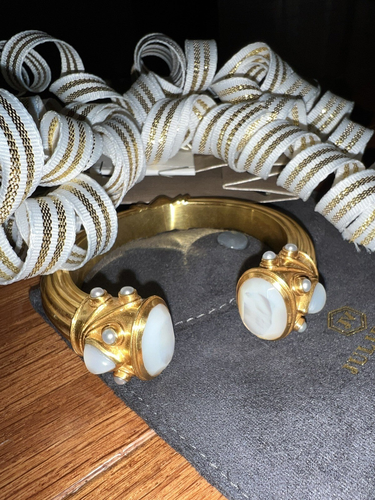 Julie Vos Hinged Bangle Cuff Bracelet 24k Gold Plate & Creamy White Julie Vos