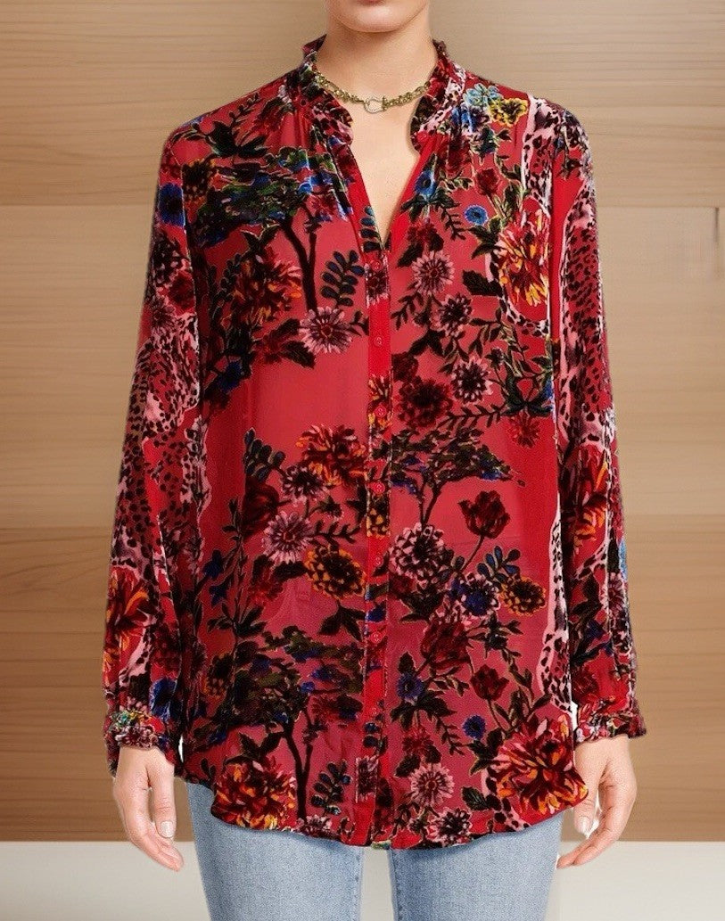 Johnny Was XL Red Burnout Velvet Button Up Blouse Tunic Top Shirt Floral Johnny Was