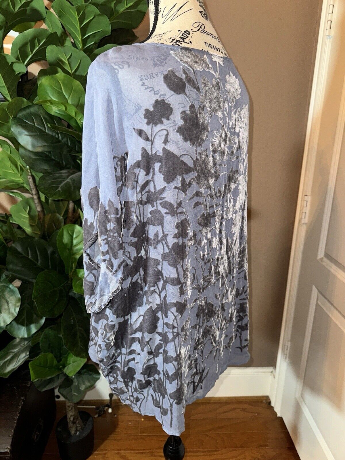 Johnny Was L Large Soft Blue Velvet Burnout  Tunic Top Blouse