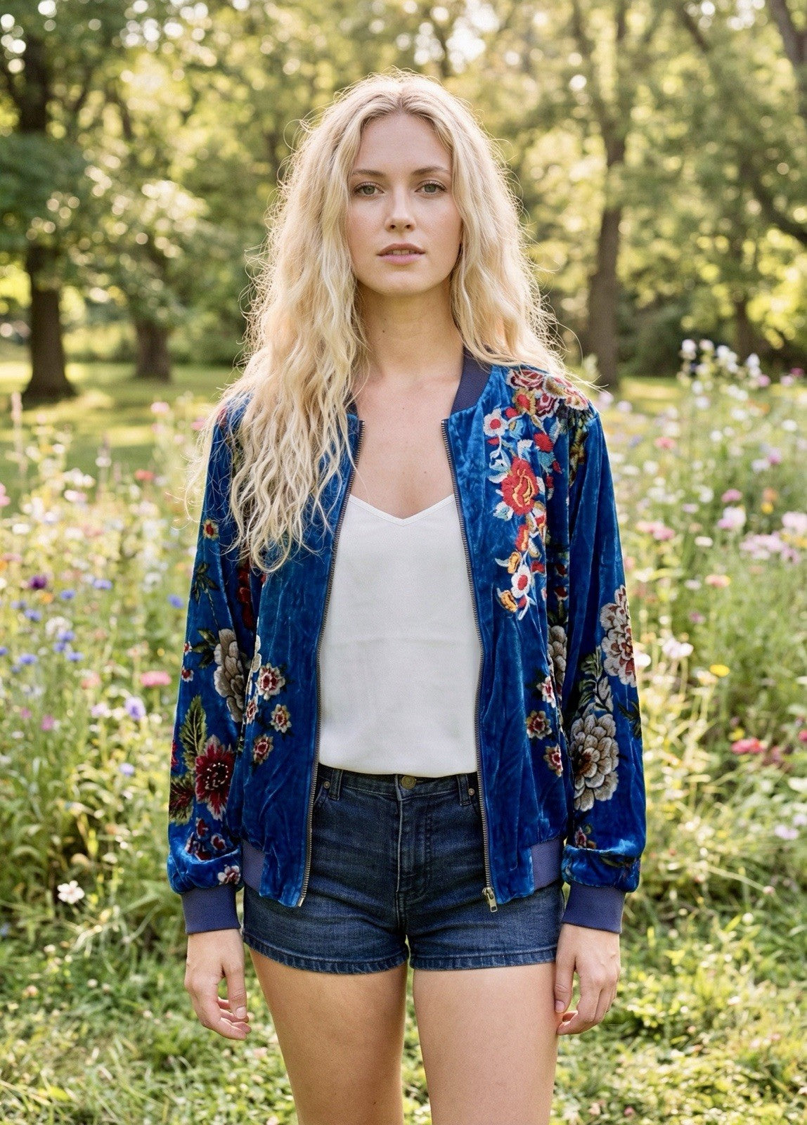 Johnny Was L Blue Velvet Bomber Jacket Flight Coat Floral Lightweight Warm Soft Johnny Was