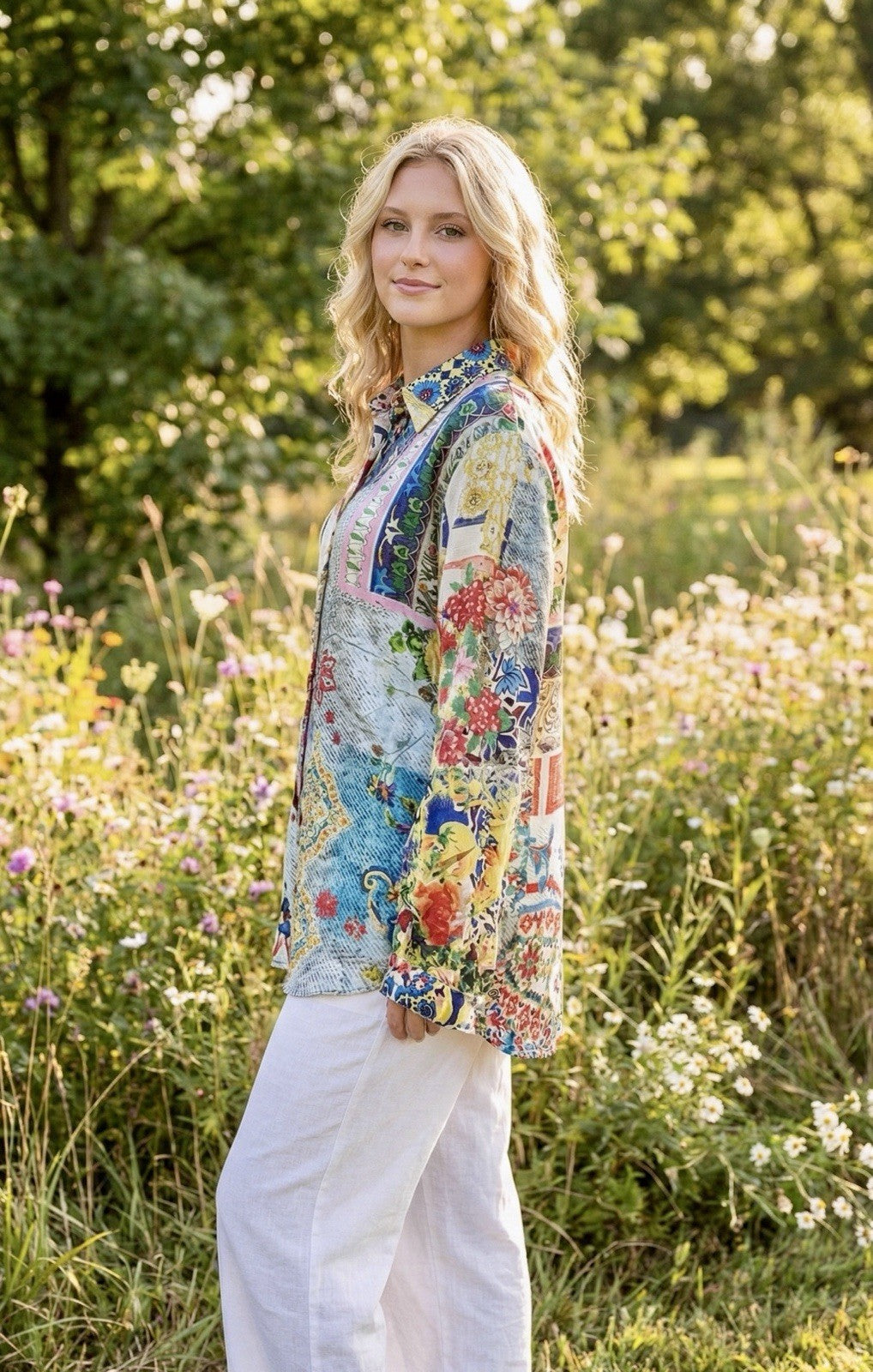 Johnny Was XL 100% Silk Button Up Blouse Long Sleeve Tunic Top Shirt Lightweight Johnny Was