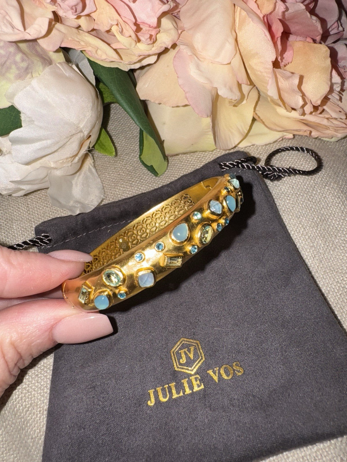 Julie Vos Hinged Bangle Bracelet Blue Iridescent Stones 24k Plated Julie Vos