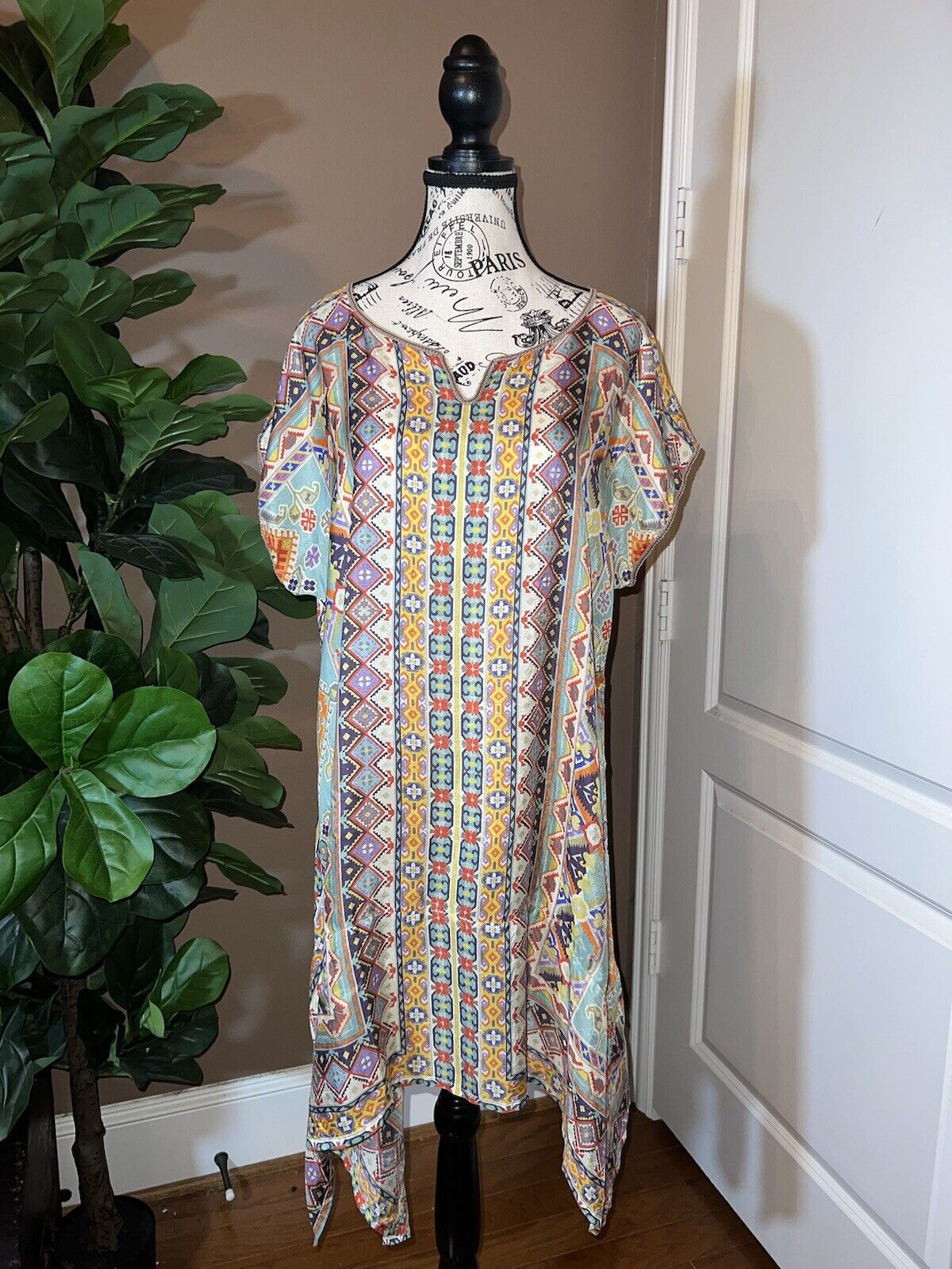 Johnny Was 100% Silk Sz L Large Tunic Top Mini Dress Cap Sleeves