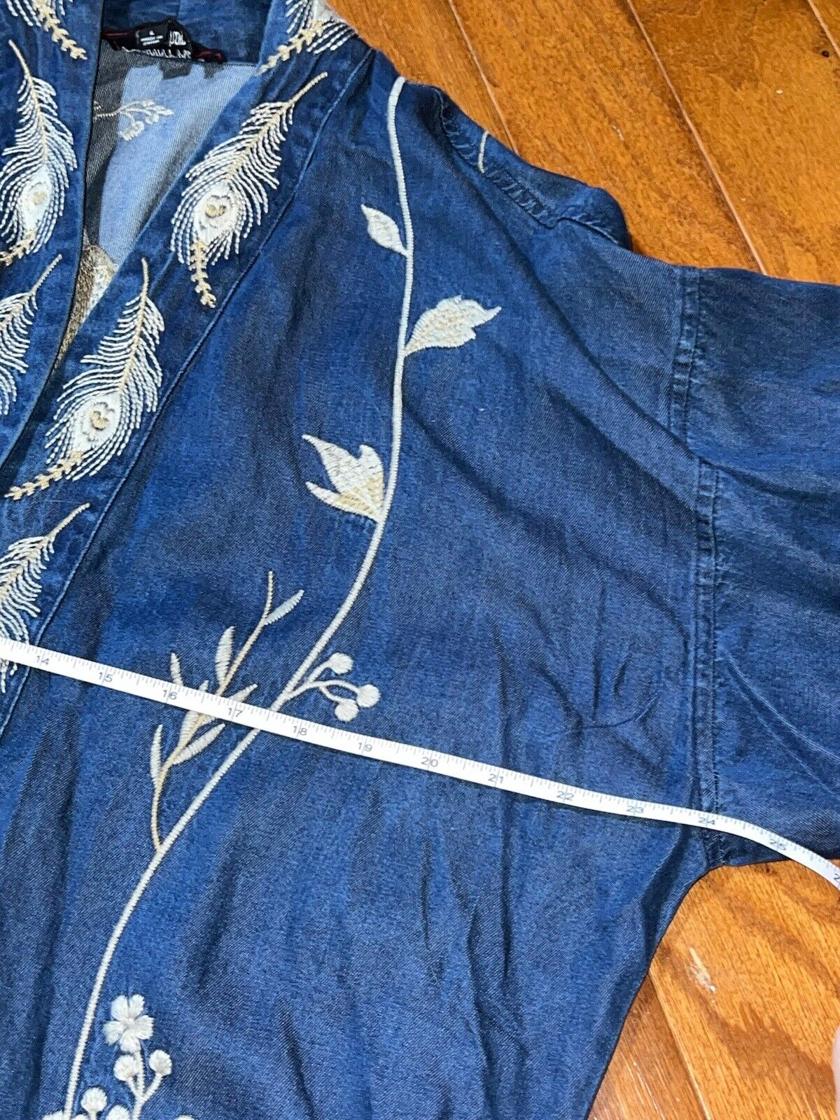 Johnny Was 2pc Set Denim XL Kimono & L Wide Leg Pants Embroidered Crane RARE