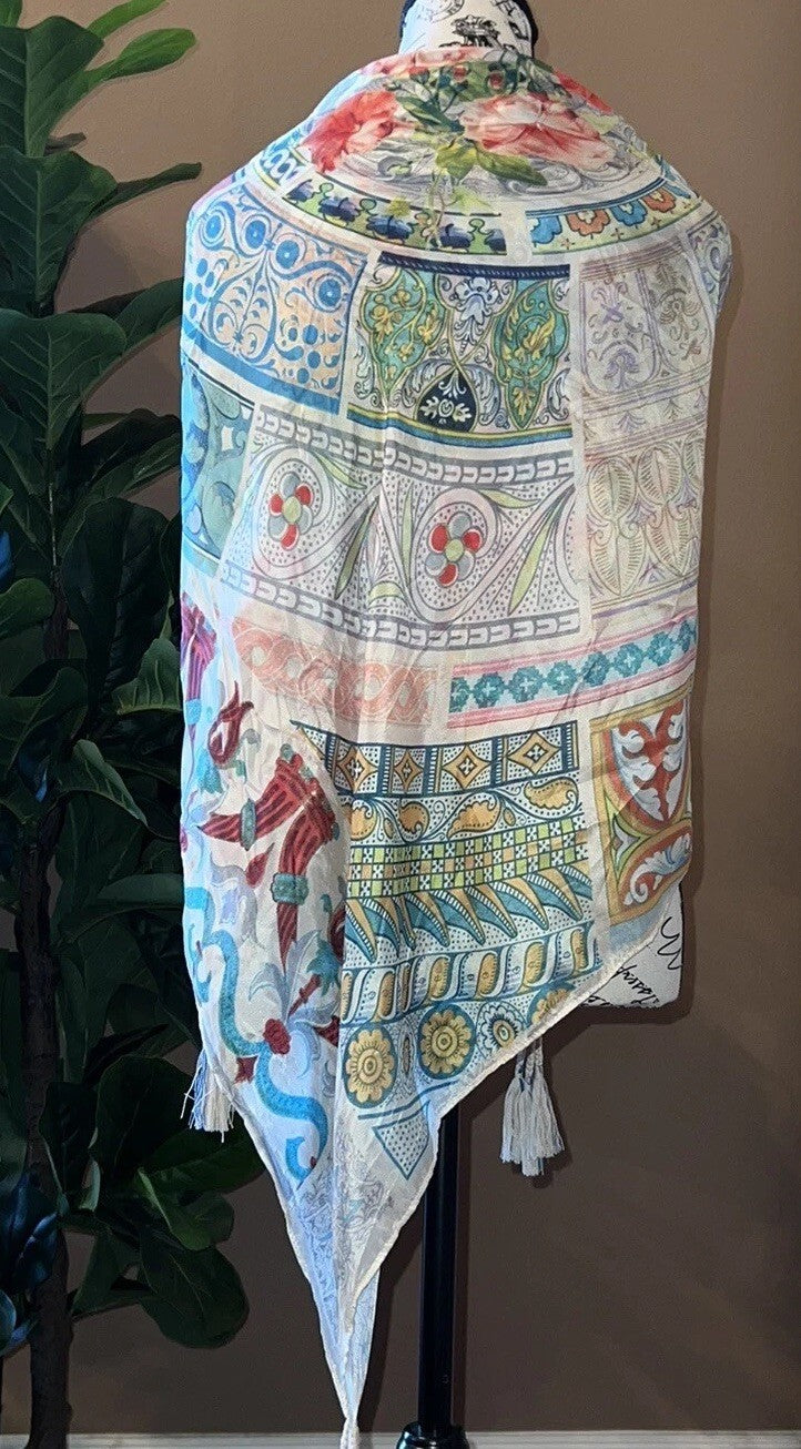 Johnny Was Silk Scarf w/ Tassels & Roses Beautiful Condition Johnny Was