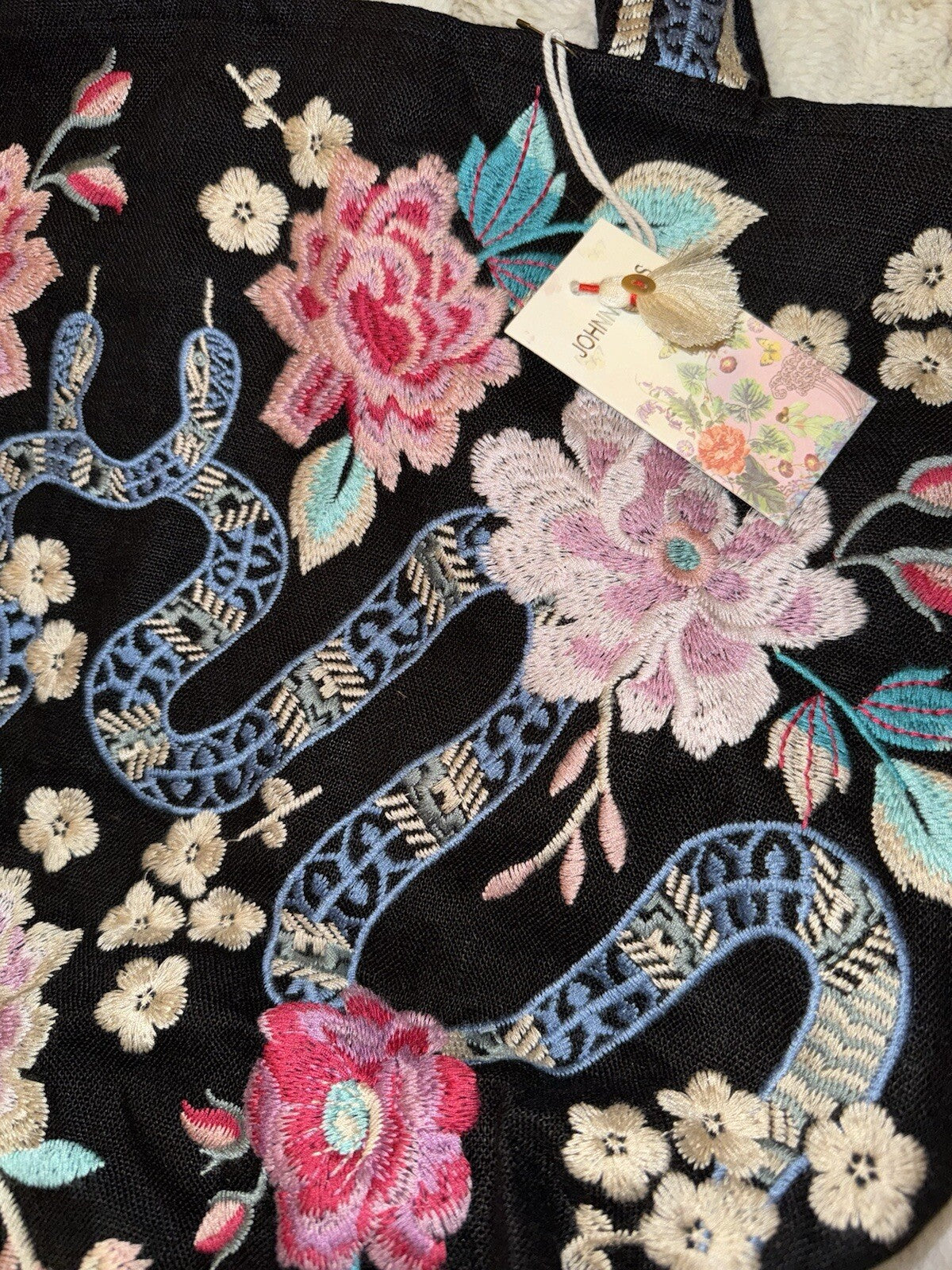 Johnny Was Large Black Embroidered Hobo Bag Tote Purse Crossbody Snakes & Roses Johnny Was